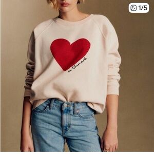 Sezane Crewneck Sweatshirt with Red Heart on Cream